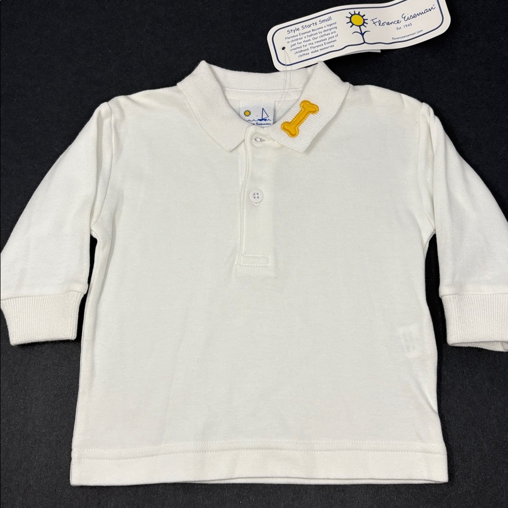 FLORENCE EISEMAN: White Long Sleeve Polo. Dog bone. 9M. NEW With Tags